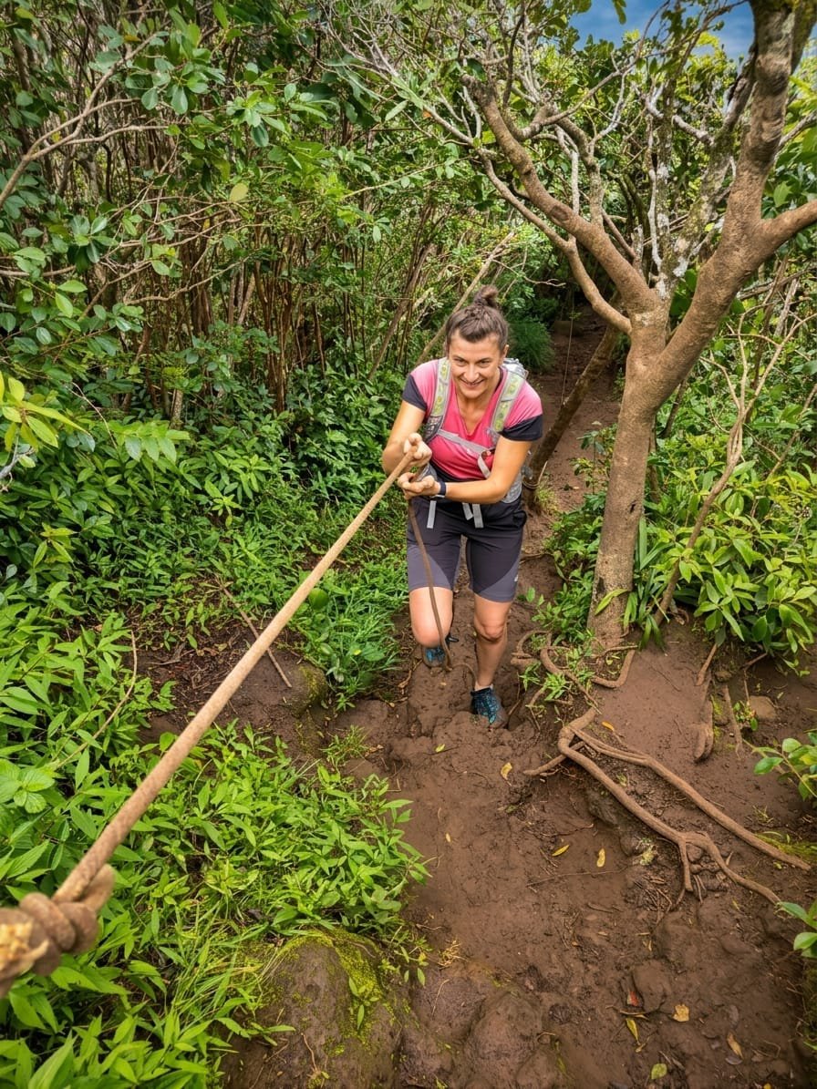 Woman Hiking Black River Gorges National Park Rope Section